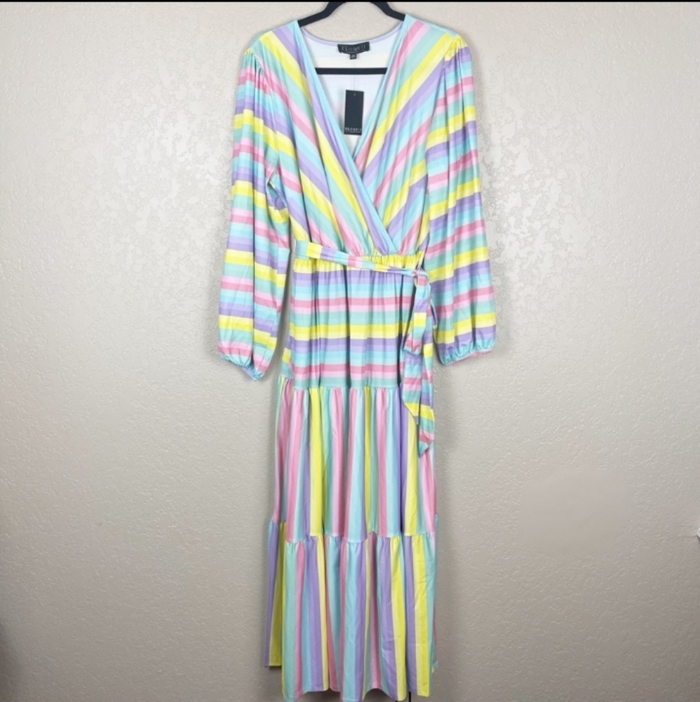 Eloquii Tiered Striped maxi pastel dress